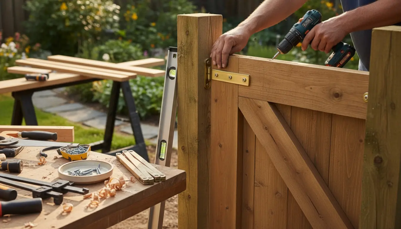 Hænder monterer en speciallavet trælåge mellem to vejrslidte hegnspæle i en solrig have.