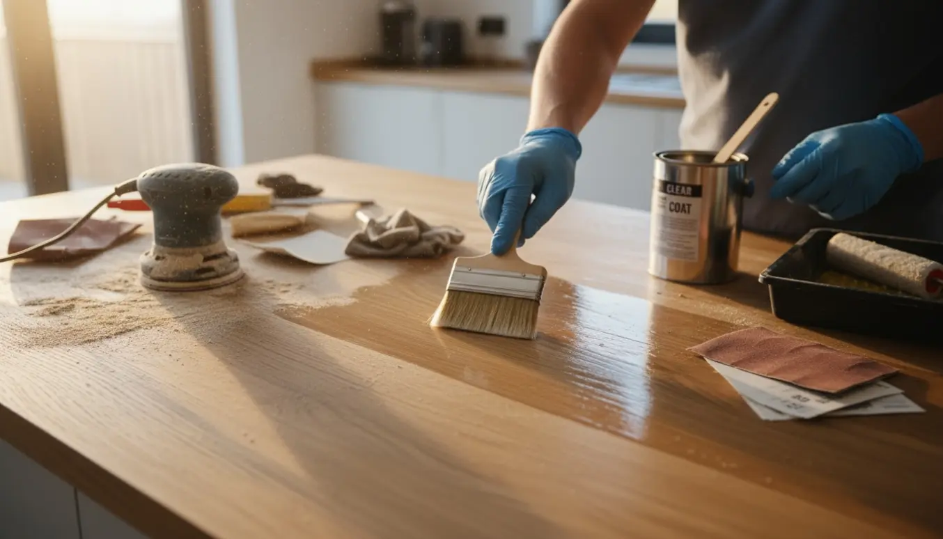 Nærbillede af en træbordplade, hvor den ene side er slebet og den anden bliver lakeret, med hænder og værktøj.