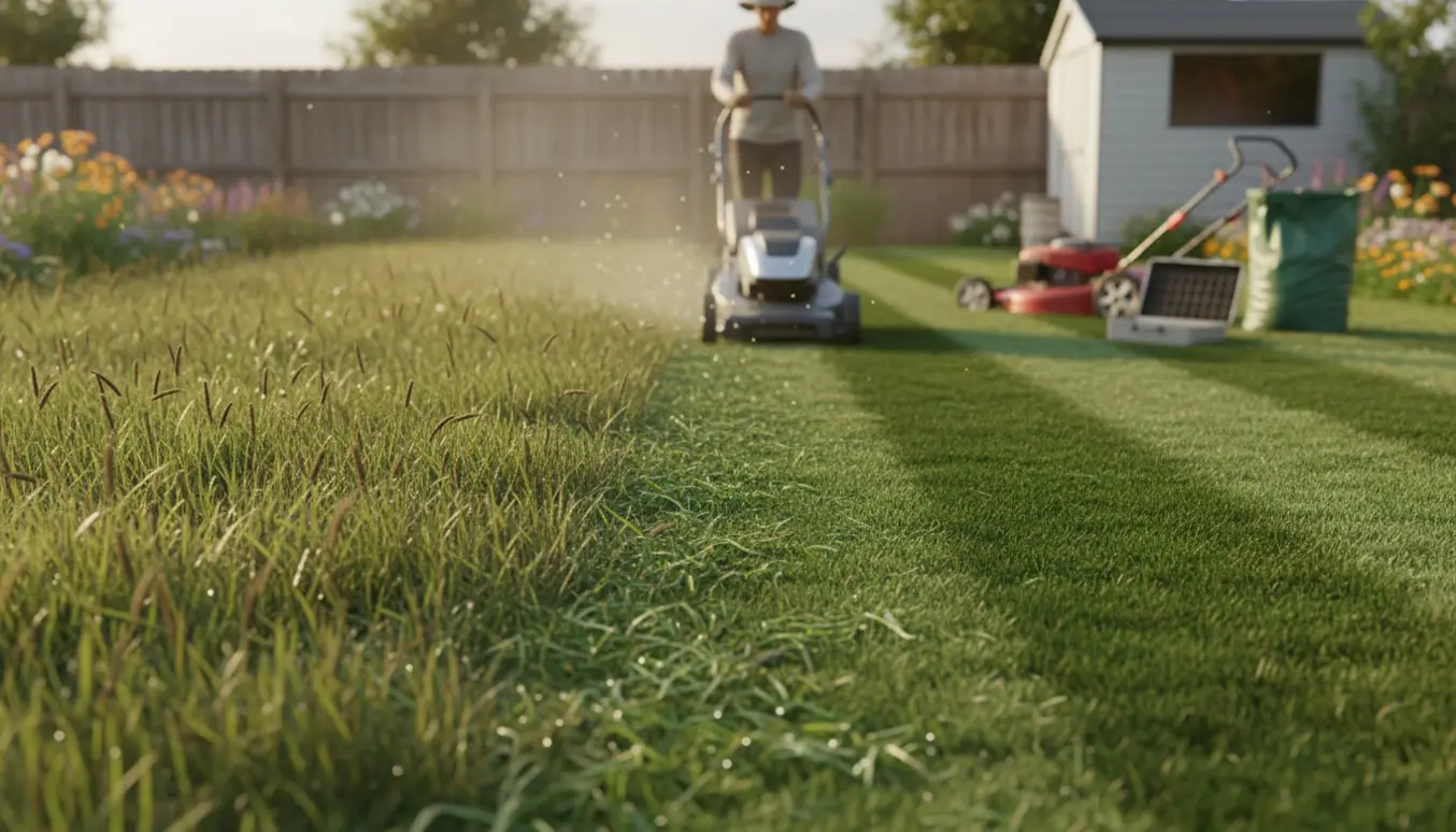 En person set bagfra klipper en høj græsplæne med en plæneklipper, med en defekt plæneklipper i baggrunden.