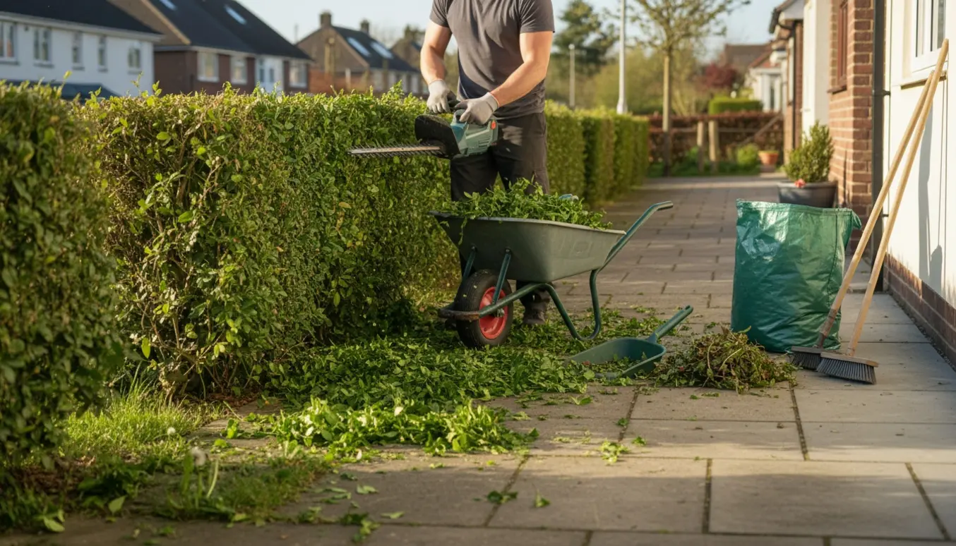 Hæk klippet og ukrudt fjernet fra fortov og fliser ved et hus med værktøj og opsamlet grøntaffald.