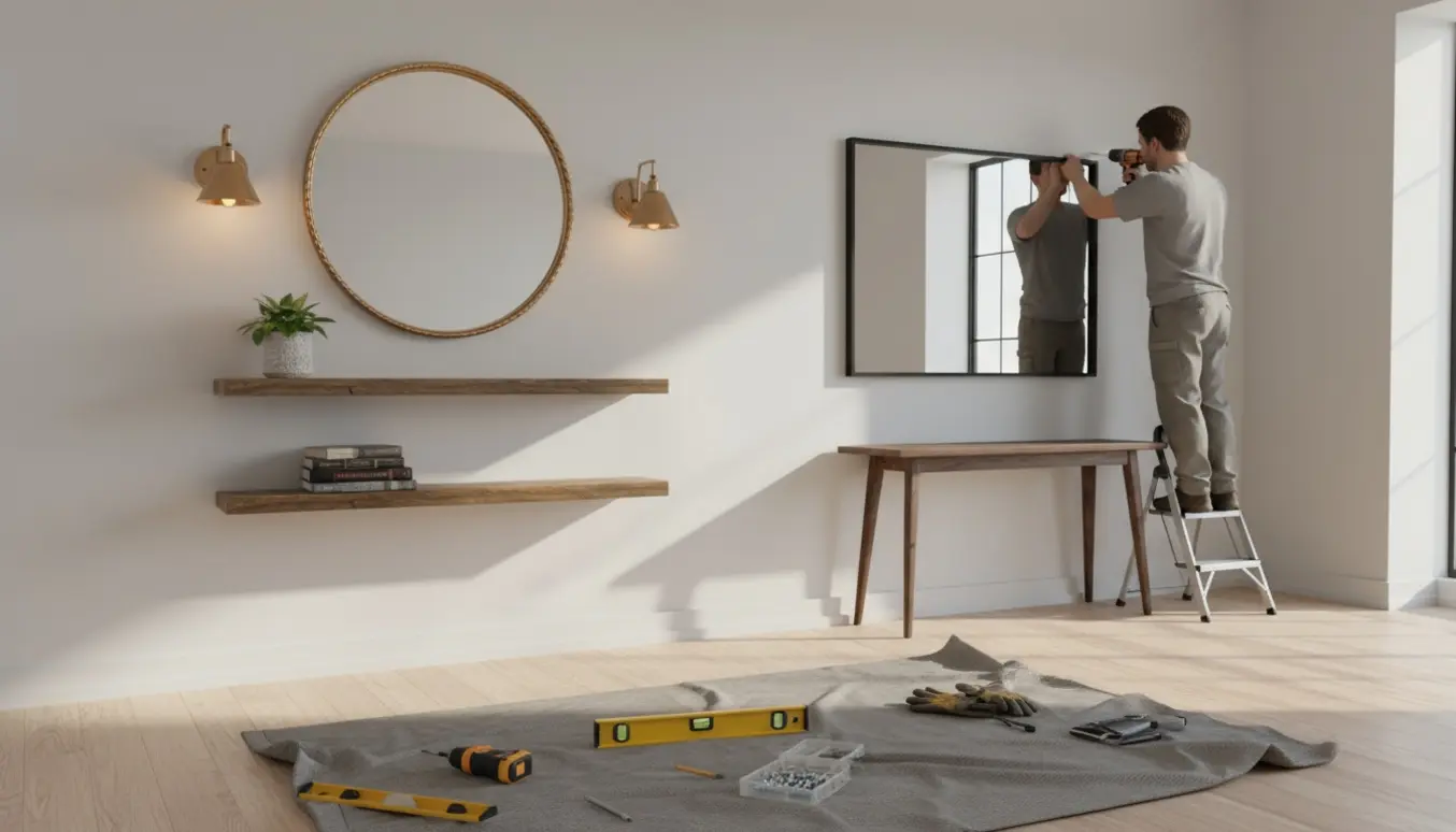 Personer monterer to spejle, tre lamper og tre hylder på en lys væg med værktøj i forgrunden.