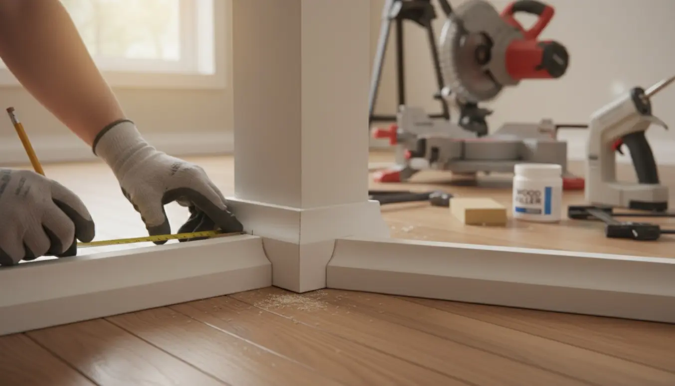 Hænder markerer og tilpasser hvide fodlister ved en væg med værktøj og savsmuld på trægulvet.
