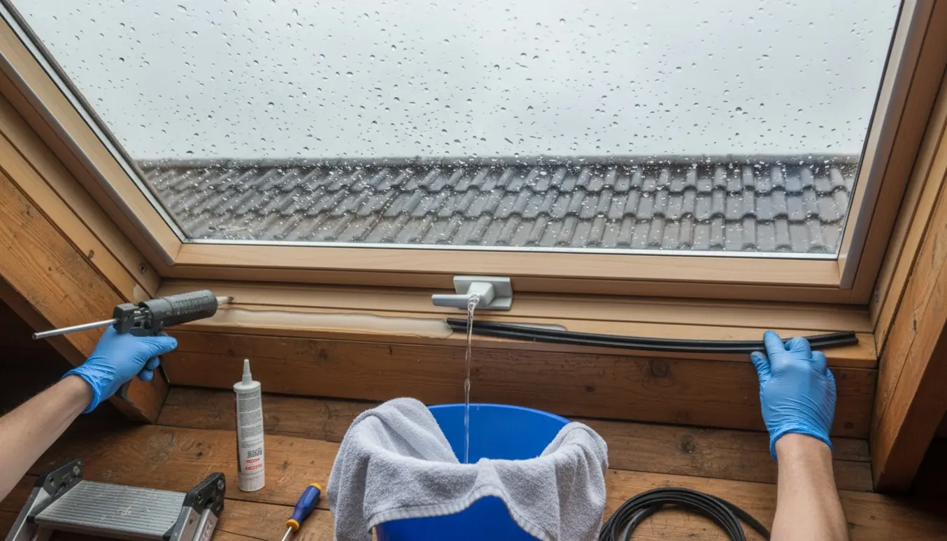 Reparation af Velux ovenlysvindue med håndværkerhænder, fugning og vanddråber under regn.