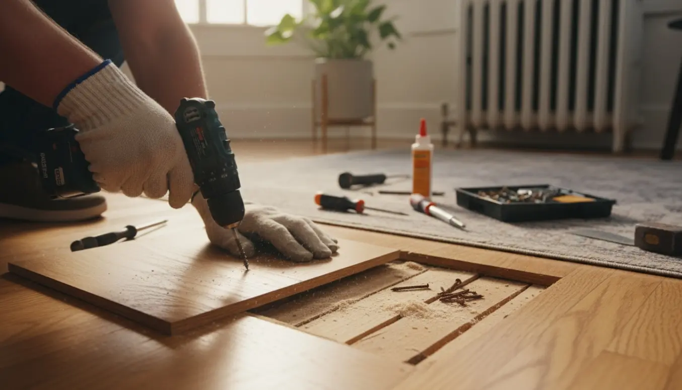 Nærbillede af hænder, der reparerer et knirkende trægulv med en boremaskine og løse brædder i en lys lejlighed.