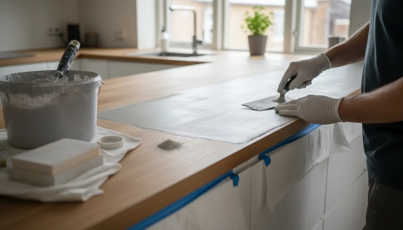 Påføring af microcement på et træ-køkkenbord, vist som før-og-efter med hænder og værktøj.
