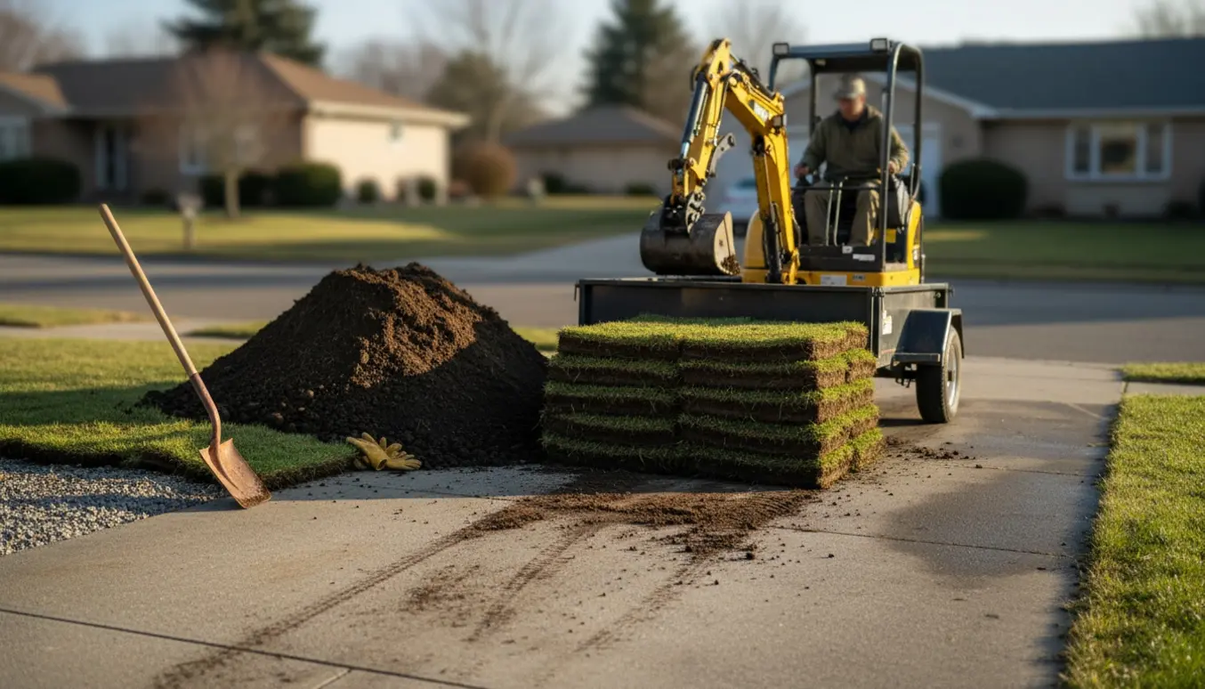 Stor bunke ren jord og græstørv ved vejkanten, klar til læsning med en minigraver og trailer.