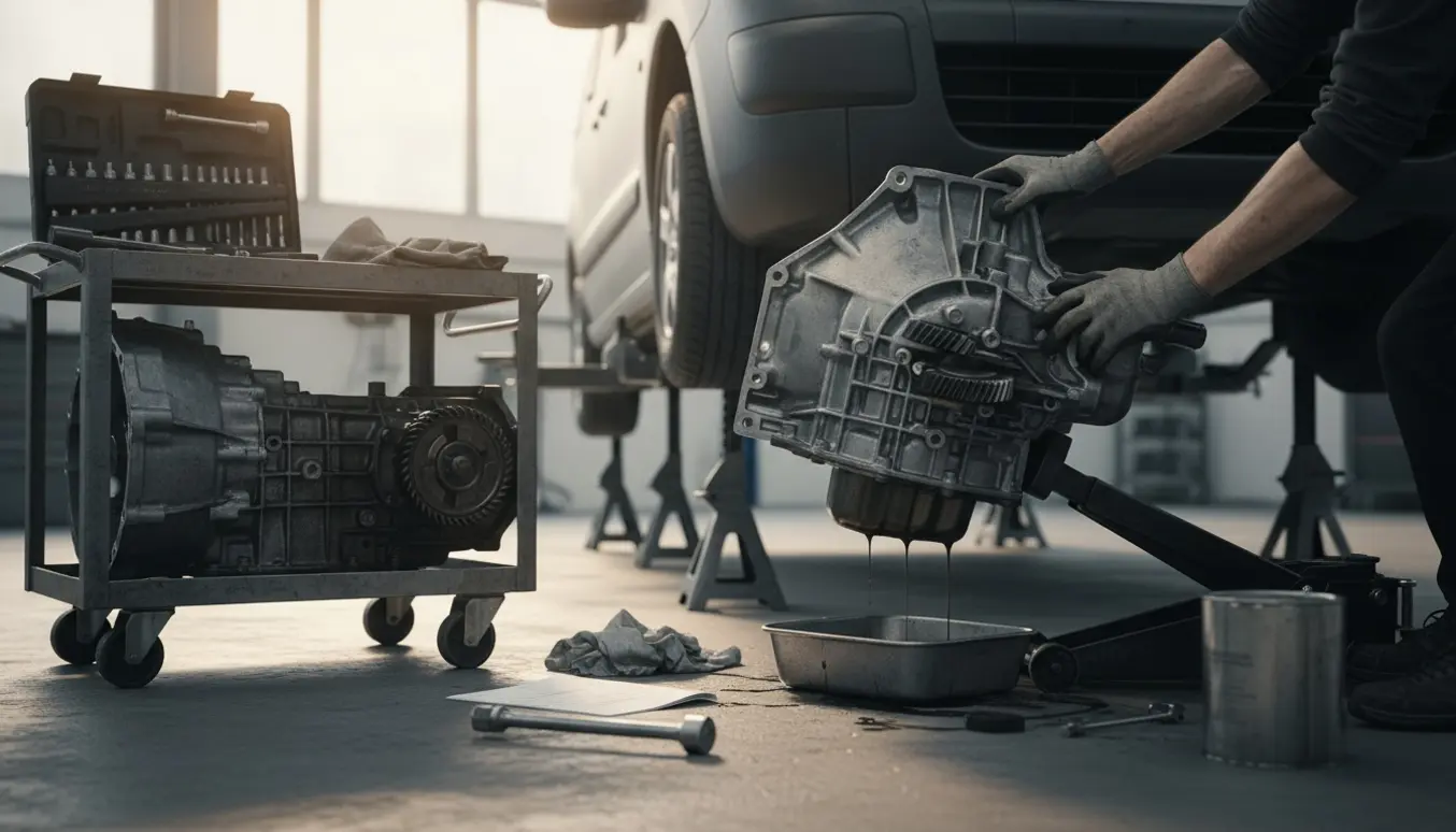 Ny gearkasse monteres under en Citroën Berlingo i et soloplyst autoværksted.