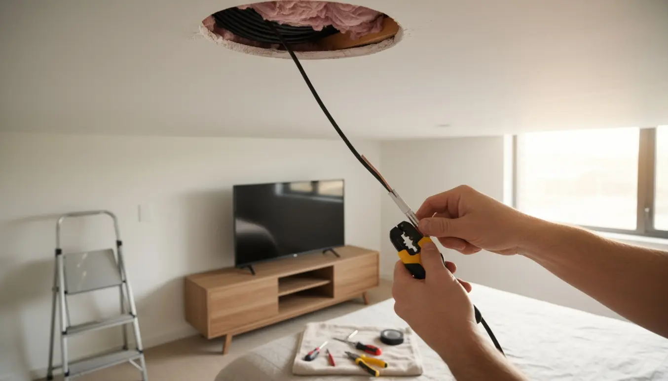 Hænder trækker antennekabel fra en åben loftlem gennem et hul i loftet og tilslutter det til et TV i soveværelset.