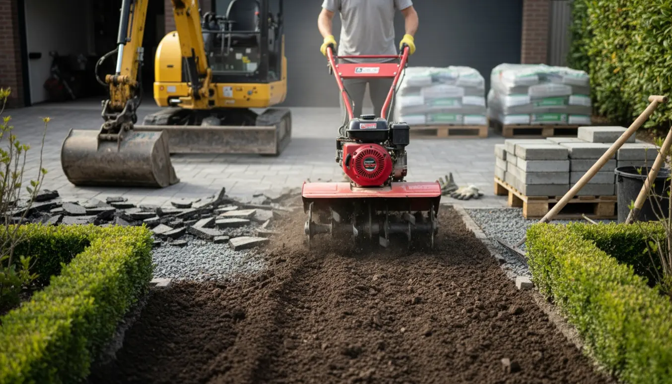 Forhave og indkørsel under omlægning med minigravemaskine, bunker af belægningssten og opfræser i arbejde.