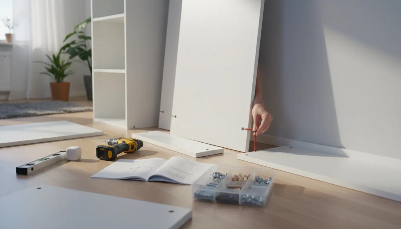 Nærbillede af hænder, der samler et hvidt fladpakket klædeskab med værktøj og skruer.