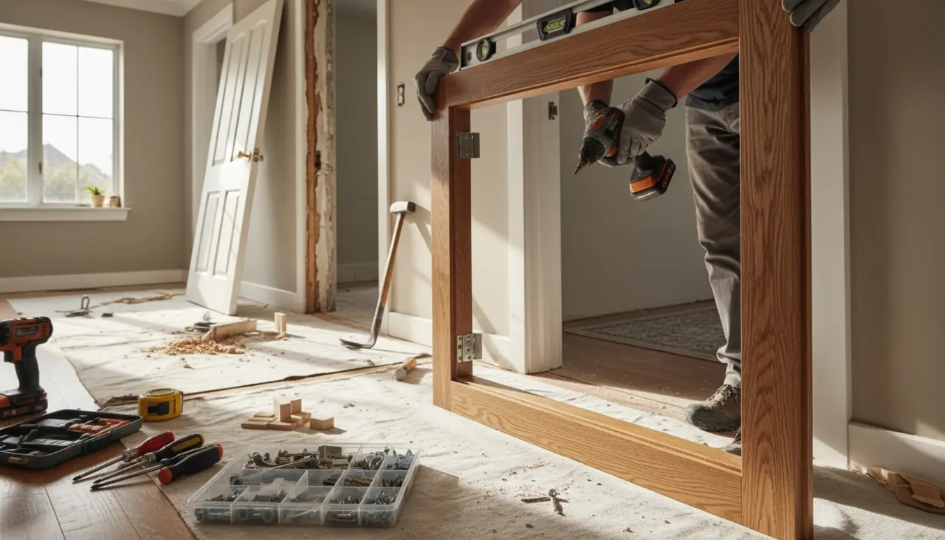 To døråbninger hvor en ny karm monteres med en boremaskine, mens værktøj og savspåner ligger på gulvet.