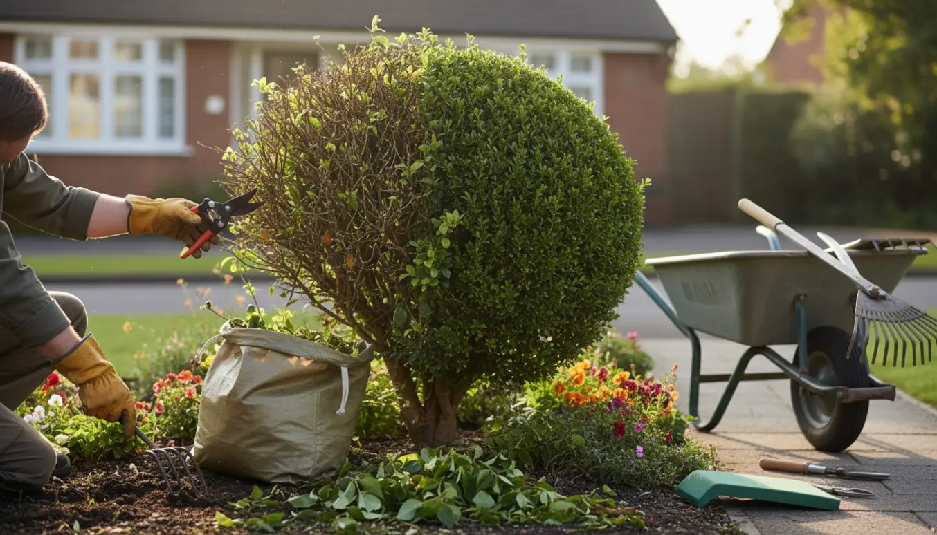 Hænder i handsker beskærer en busk og fjerner ukrudt i forhaven med beskårne grene og opsamlingspose ved siden af.