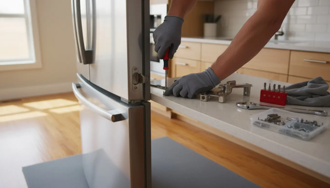 Hænder strammer eller udskifter et hængsel på en rustfri køleskabslåge med værktøj og reservedele på køkkenbordet.