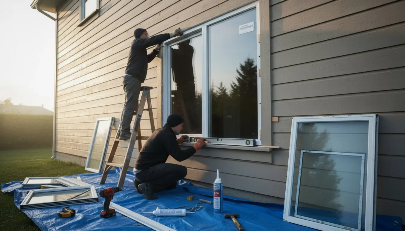Hyggelig udendørs scene med udskiftning af et lille termorudevindue, håndværkere monterer nyt vindue fra stige uden synlige ansigter.