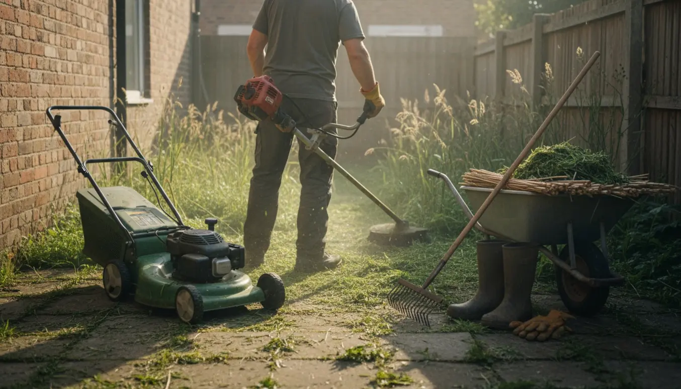 Baggård med højt græs og siv, hvor en havebruger klipper og samler afklip ved hjælp af trimmer, rive og trillebør.