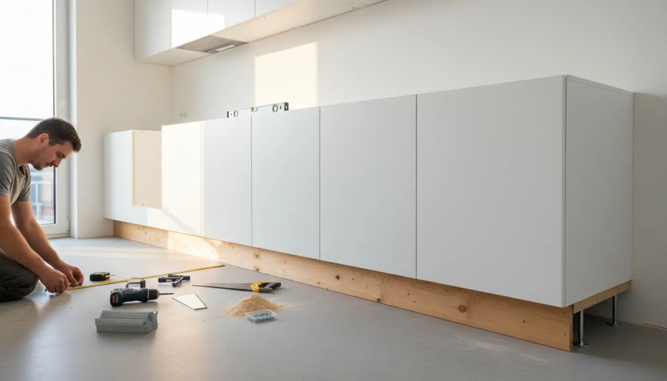 En række nymal monterede køkkemoduler står på en bagvægssokkel, en hånd justerer en synlig fød foran med en unbrakonøgle.