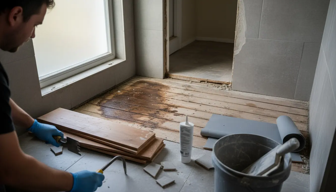 Bruseniche med fjernet flisegulv, blottede våde gulvbrædder og værktøj klar til udskiftning.