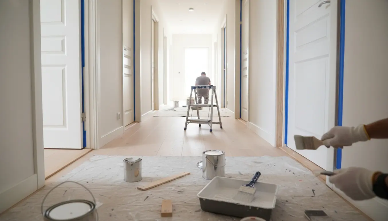 Hænder maler dør og karm i en lys gang med malerværktøj og afdækningsdug.