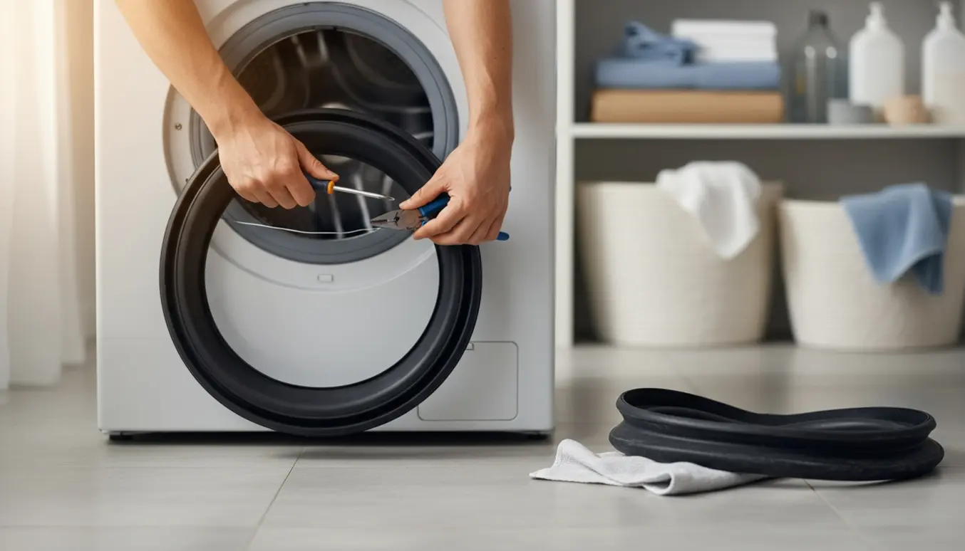 Hænder, der udskifter dørbælg på en frontbetjent vaskemaskine i et lyst bryggers.