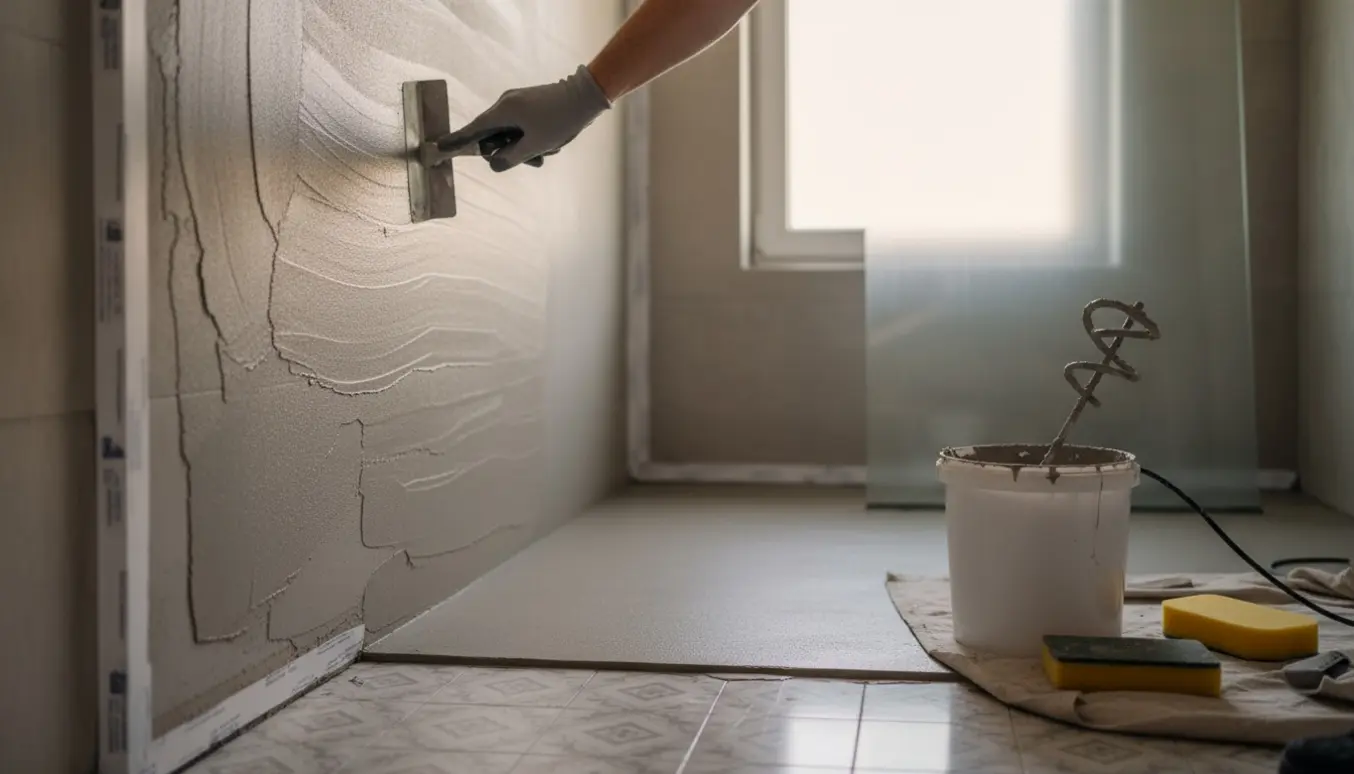 Håndværker glatter silkecement på badeværelsesvæg og gulv med værktøj og en glasbrusedør klar til montering.