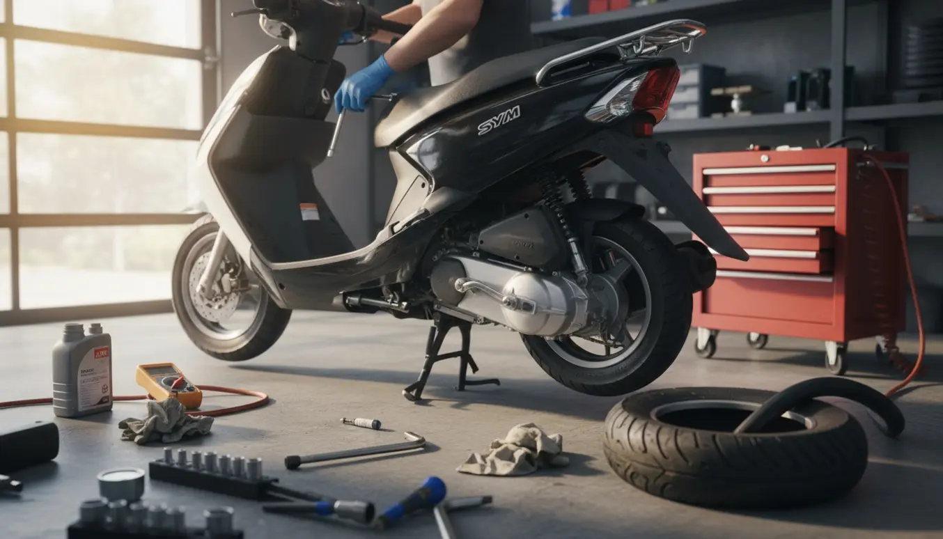 Baghjulsskifte og generelt tjek af en SYM Mio 50 i et lyst og ryddeligt værksted med værktøj og reservedele.