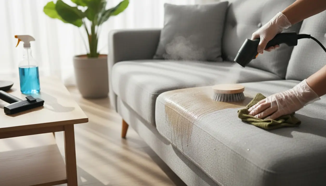 Nærbillede af rensning af en stofsofa med damprenser og microfiberklud i et lyst opholdsrum.