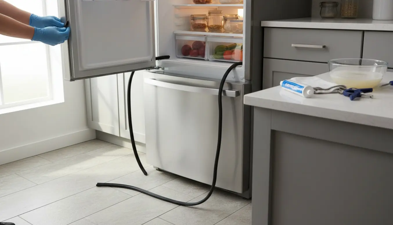 Gummilisten fra køleskabets dør ligger ved siden af døren, mens hænder holder en ny pakning klar til montering.