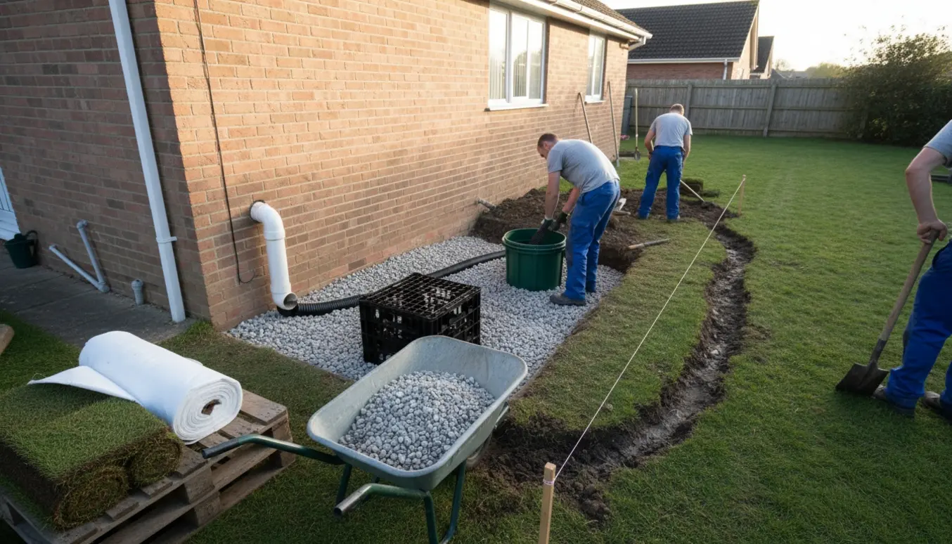 Gravning og installation af faskine med drænbrønd, rør og grus i en baghave ved husmuren.
