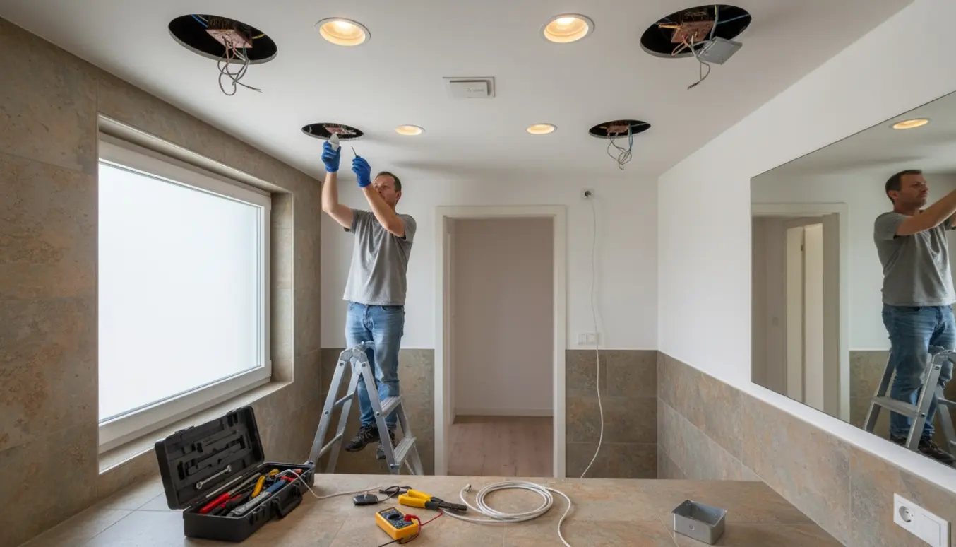 Elektriker skifter halogenspots til LED i et badeværelse med eksponeret transformator og kabeltræk mod gangen.