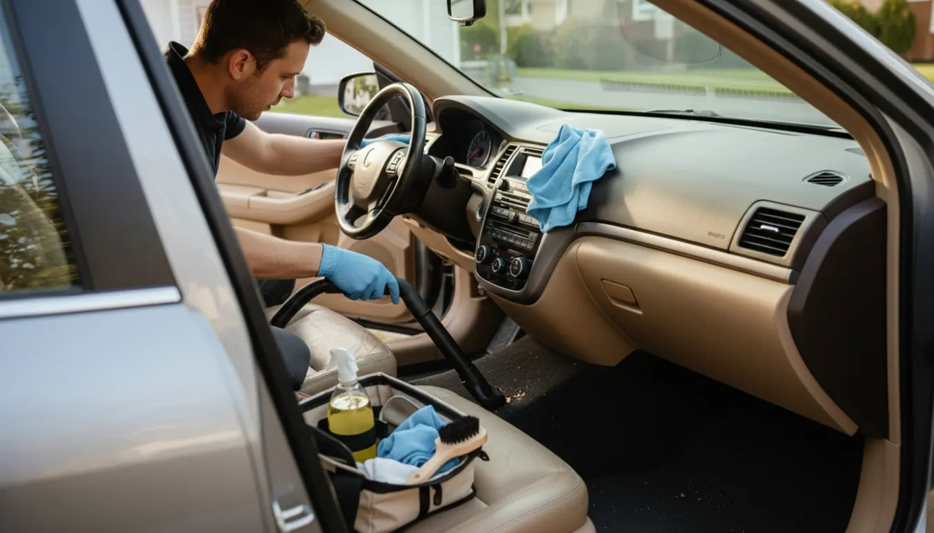 Indvendig bilvask med vakuum og klud, hænder renser sæde og instrumentbræt.