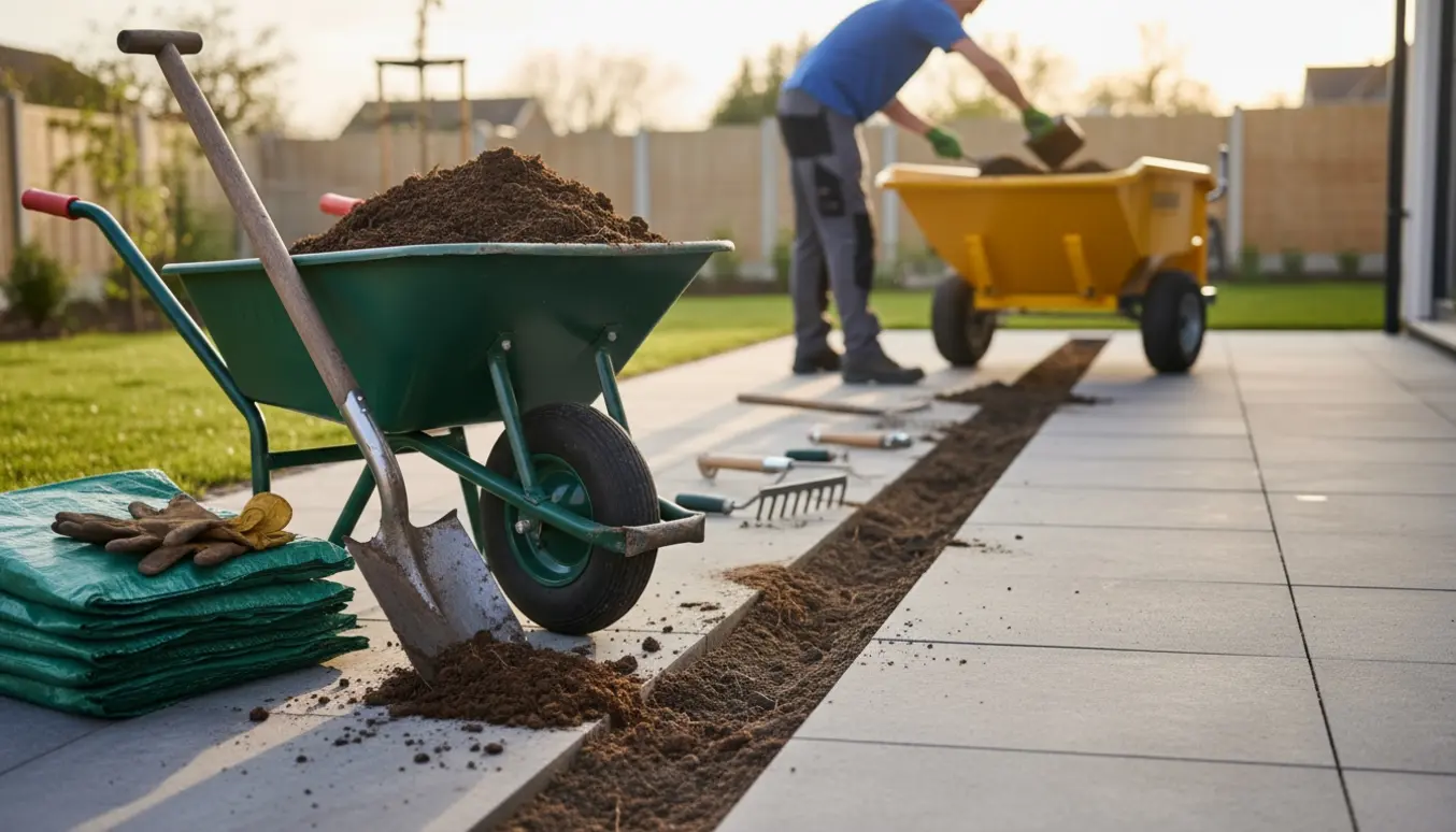 Trillebør og skovl ved nye fliser med overskydende jord klar til bortskaffelse.