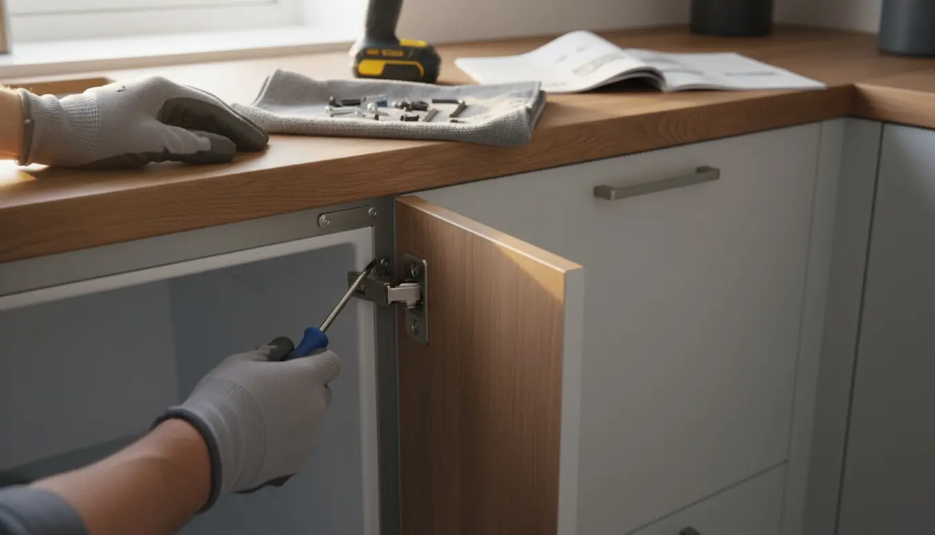 Hænder monterer låge på et indbygget undercounter-køleskab i et lyst IKEA-inspireret køkken.