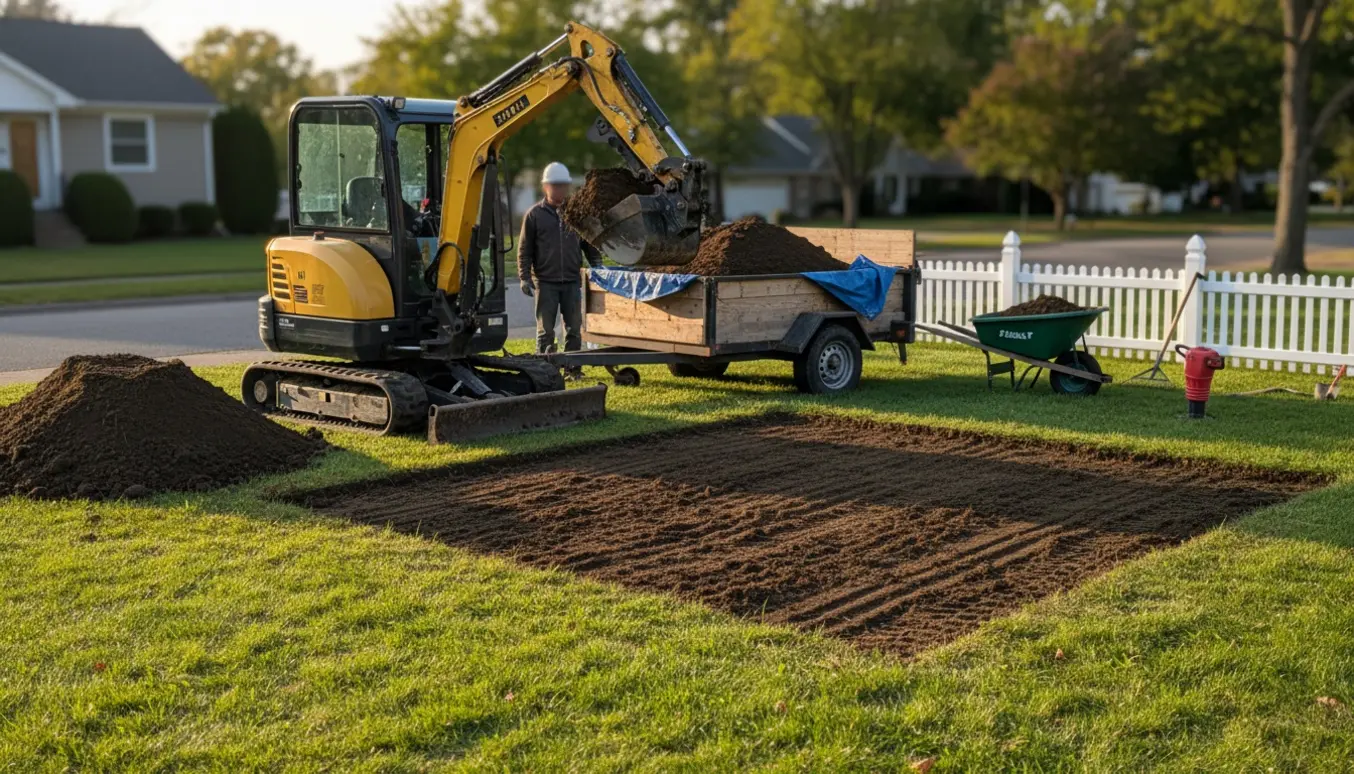 Mini-graver og trailer ved en have med opgravet jord og et jævnet græsområde.