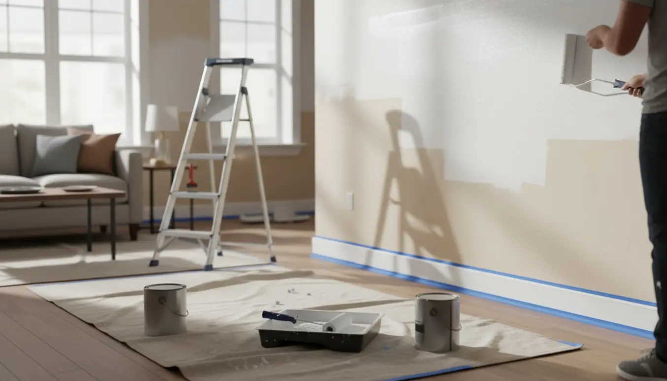 Hvid maling på en indervæg med rulle, afdækningsdug og stige i et lyst rum.