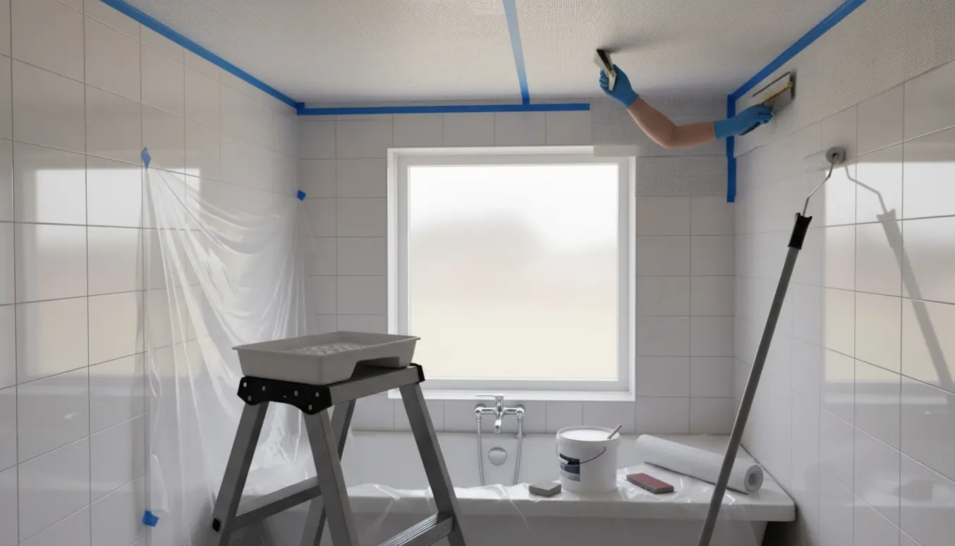 Renovering af badeværelsesloft med filtopsætning og maling, værktøj og afdækning synligt.