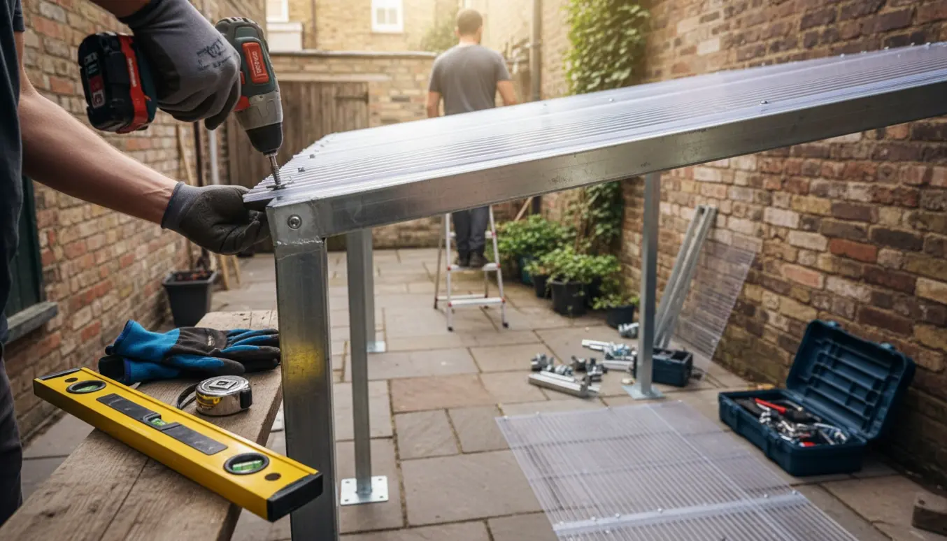 Nærbillede af montering af halvtag i gård med metalpæle og gennemsigtigt bølgeplast.