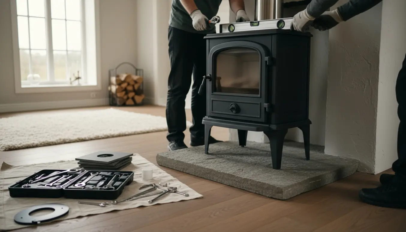Installatører placerer en ny brændeovn på et stenildsted i en hyggelig stue.