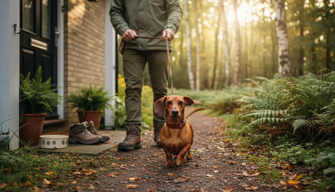 En lille gravhund i snor føres fra en fortrappe mod en skovsti i blødt morgengul.