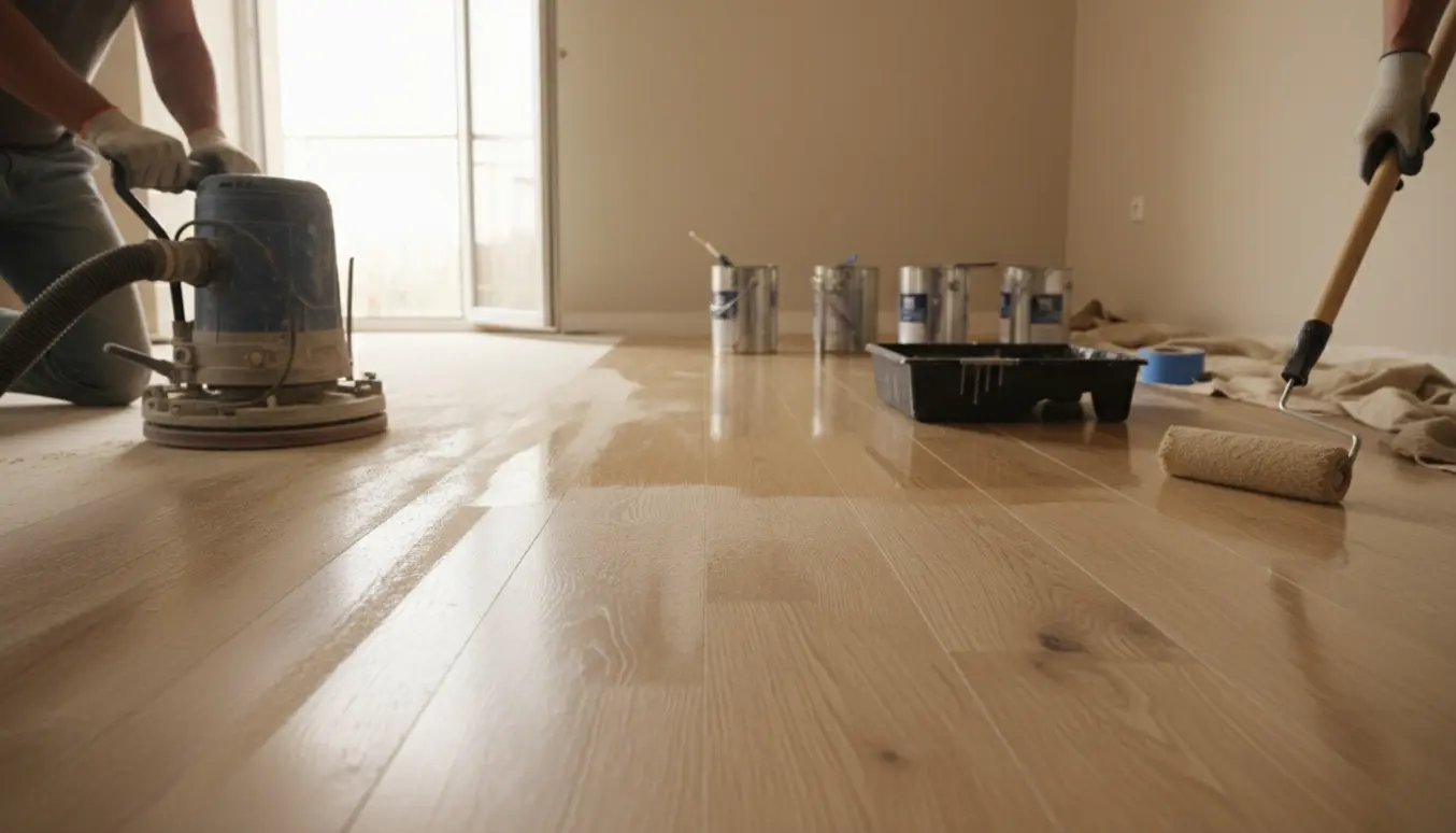 Delvist slebet og nylakkeret trægulv i et mellemstort rum med værktøj i blødt dagslys.