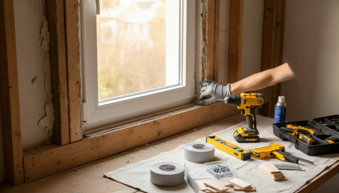 Handskerede hænder monterer et nyt vindue i en væg med fugebånd, skruer, boremaskine og kiler synlige.