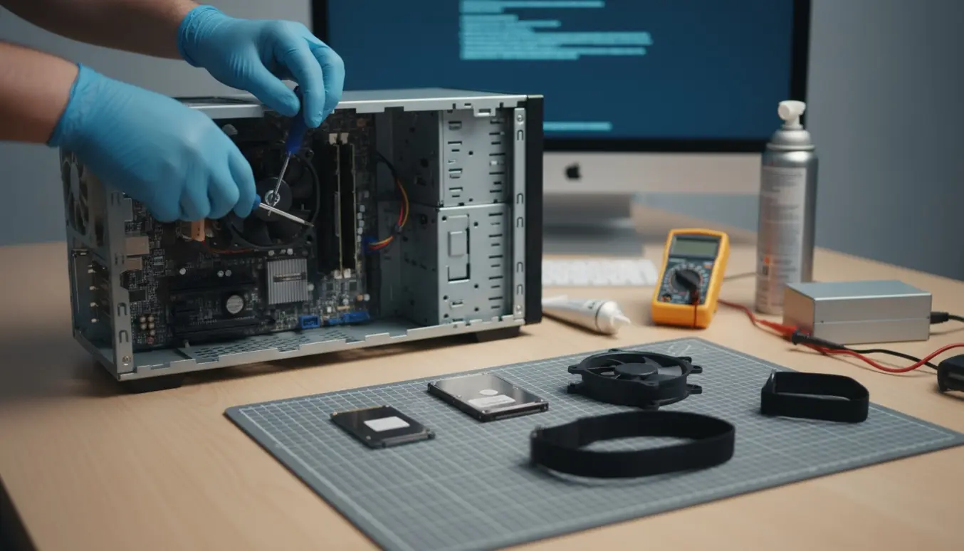 Åben stationær PC på skrivebord med hænder, der arbejder på bundkortet og en sløret blå skærm i baggrunden.