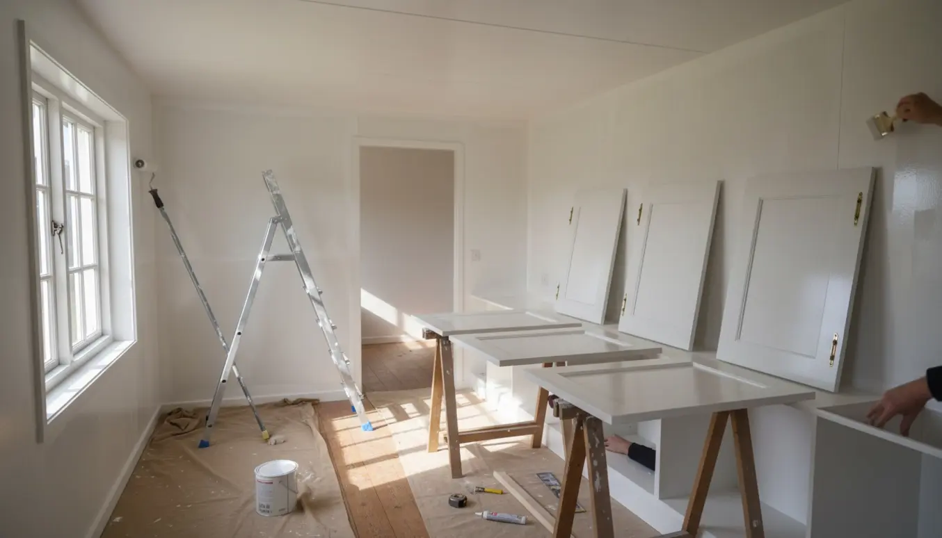 Indendørs kolonihavehytte under maling med hvide vægge, tørrende køkkenskabsdøre og malerværktøj.