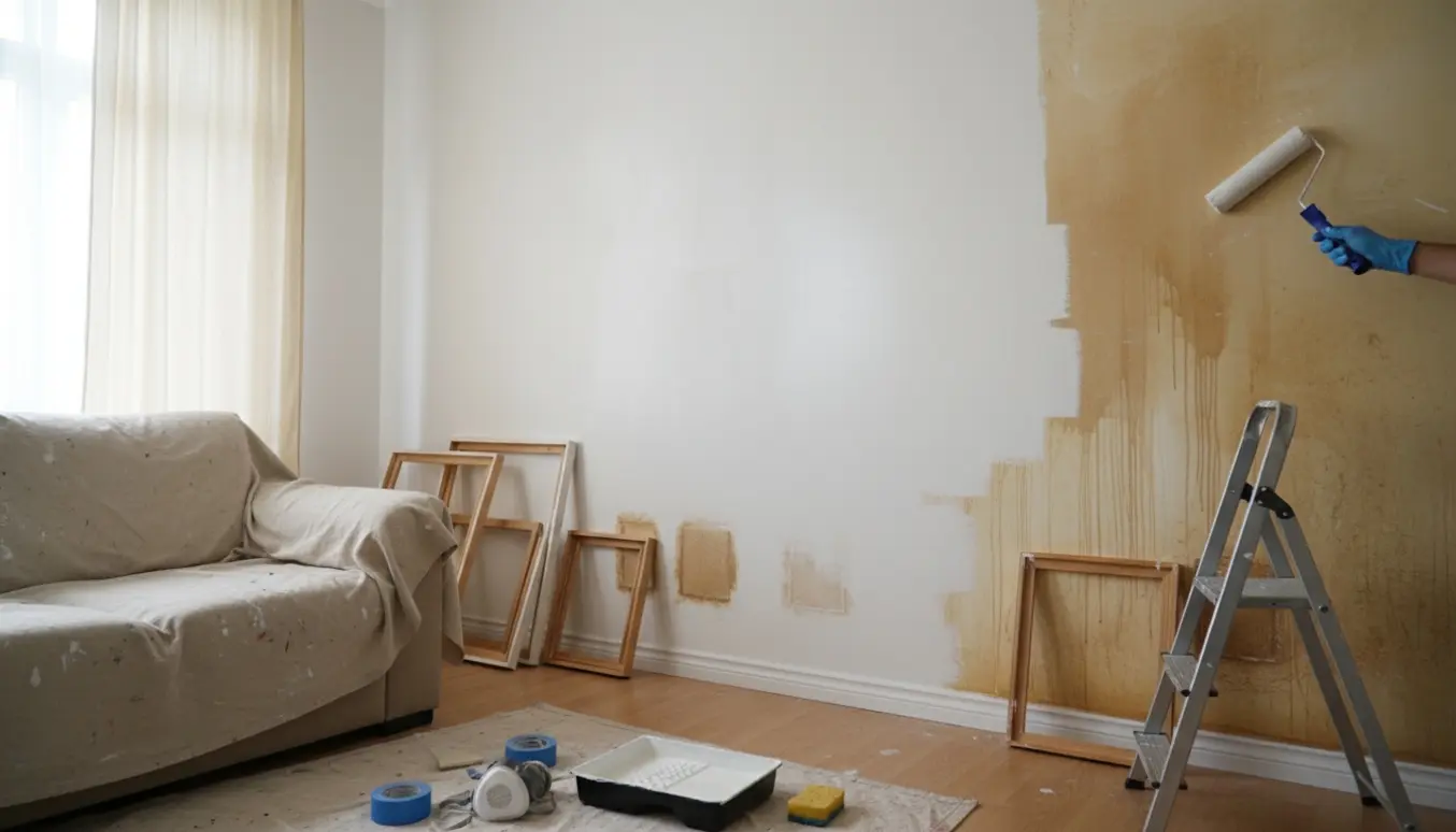 Stue med kraftigt nikotinfarvede vægge, hvor en rullemaler dækker den ene side med frisk hvid maling og malerværktøj ligger klar.