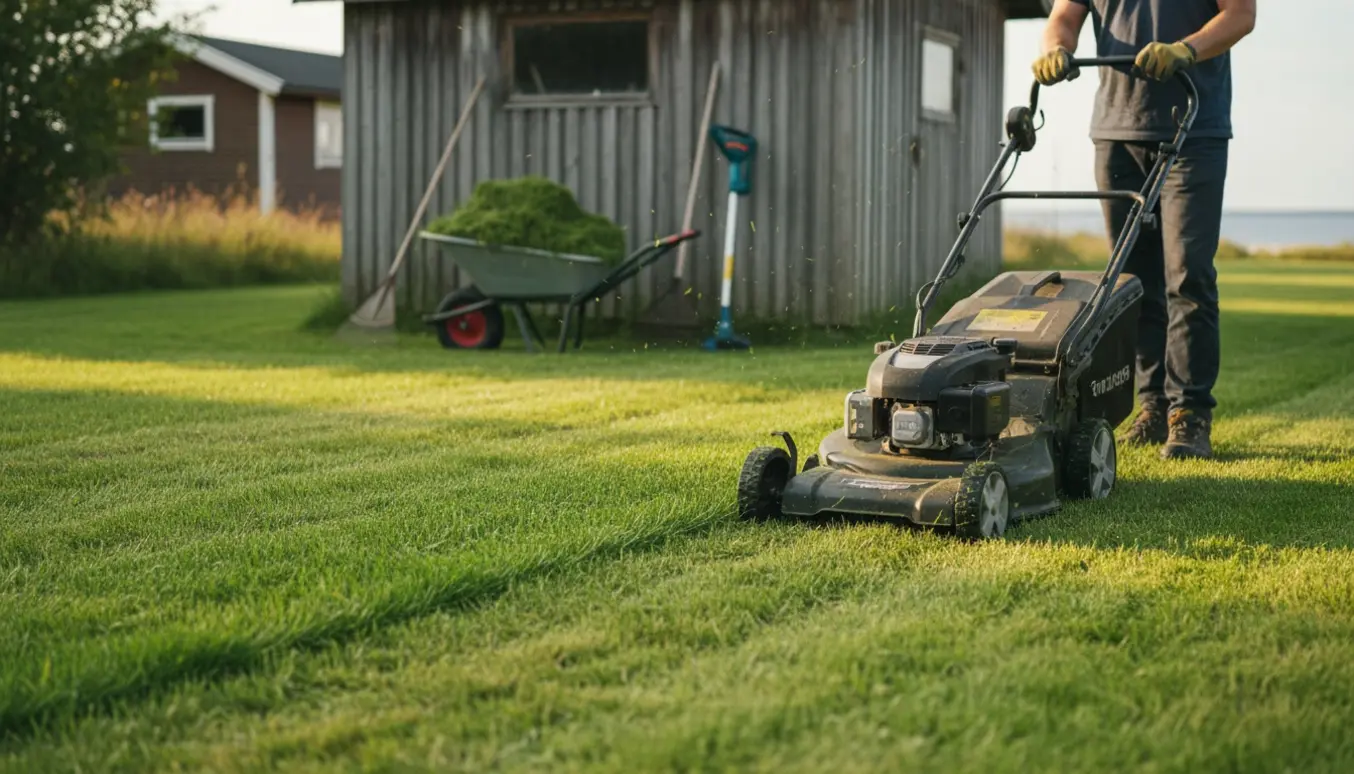 En person slår græsset ved et hyggeligt sommerhus set bagfra i blødt eftermiddagslys.