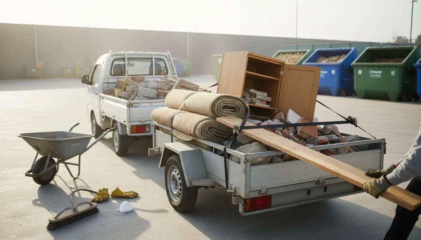 Lastning af renoveringsaffald i trailer og varebil ved genbrugsplads, med tæpper, murbrokker og køkkenskabe.