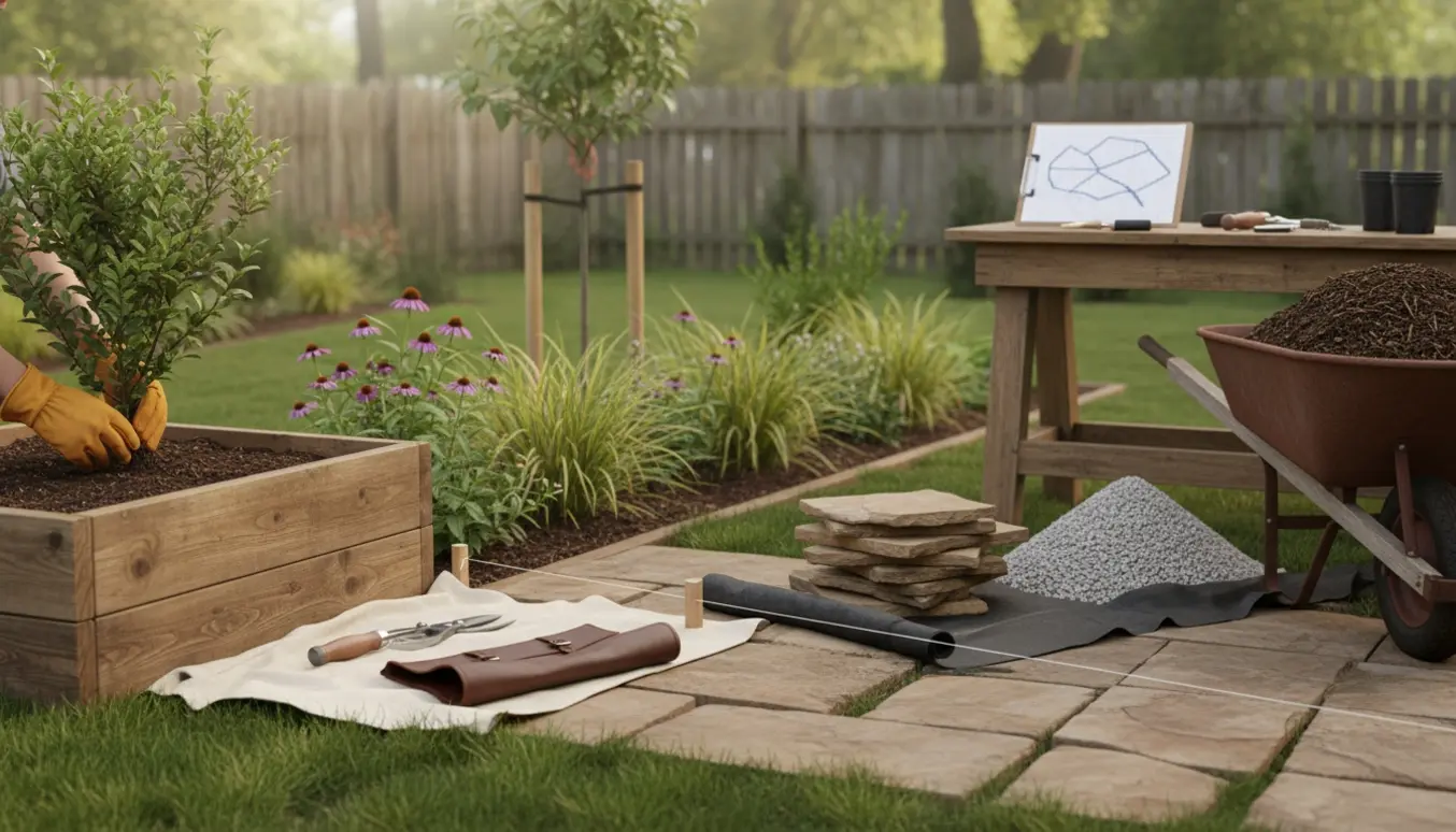 Nærbillede af haveanlæg med plantning, stenbelægning, trillebør og værktøj i blødt morgenlys.