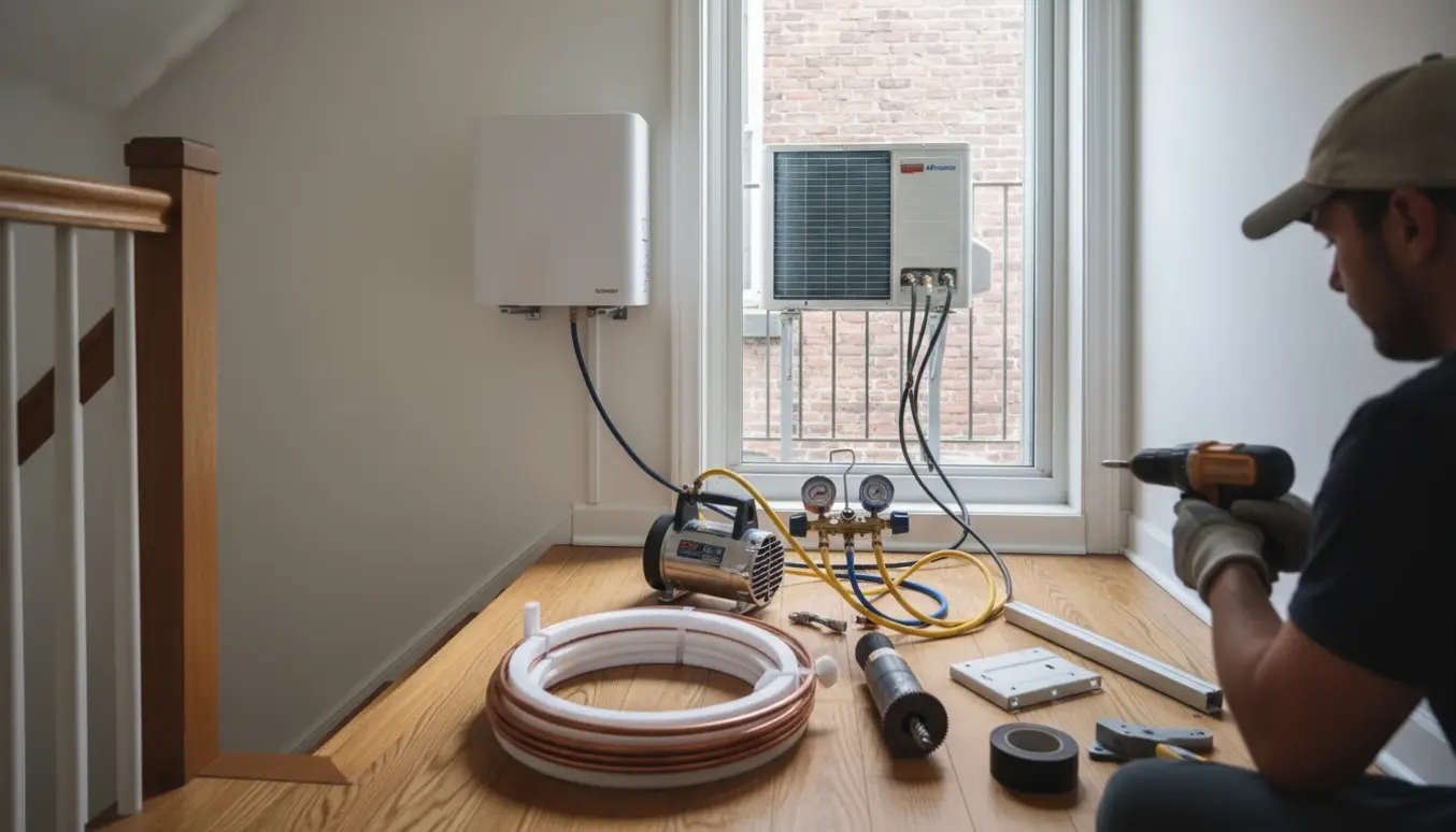 Installatør monterer en vægmonteret varmepumpe på 1. sal i et rækkehus med udendørs enhed synlig gennem vinduet.