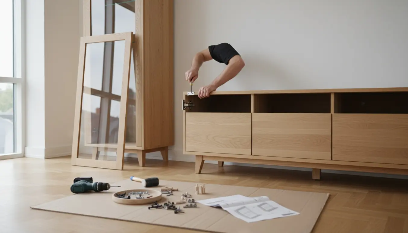 Delvist samlet skænk og vitrineskab med værktøj og hænder i arbejde på et lyst stuegulv.