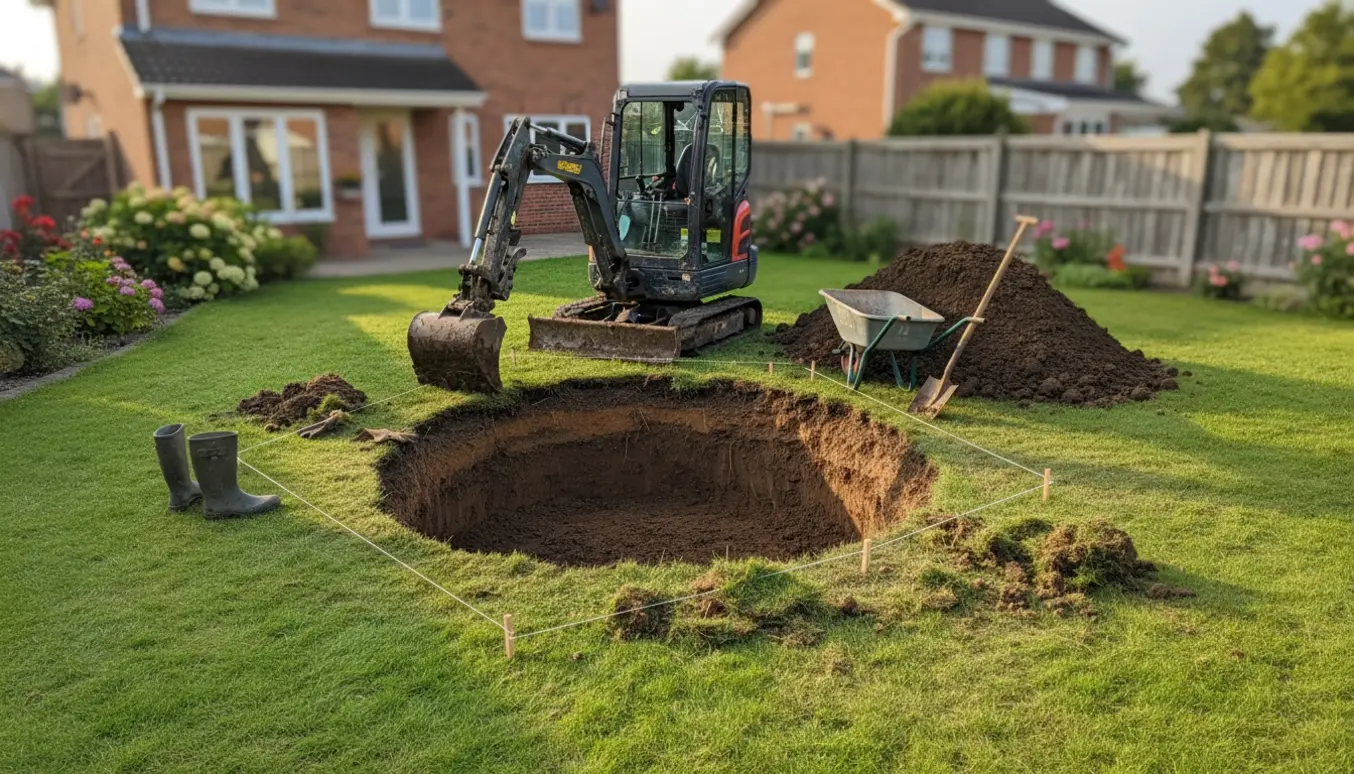 Rundt, nygravet hul i baghaven med en minigraver, jordbunke og haveredskaber.