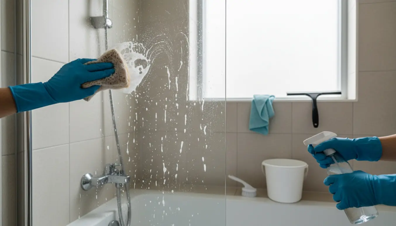 Gummihandsker fjerner kalk fra bruserhovedet i et lille badeværelse med rengøringsmidler.